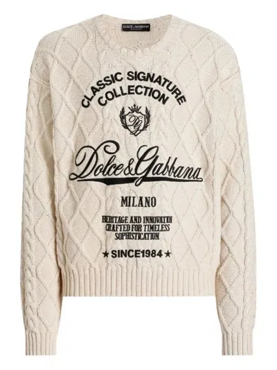 DOLCE & GABBANA MEN BEIGE CABLE KNIT LOGO SWEATER, M LUXURY SWEATERS & KNITWEAR FOR MEN DARVEYS
