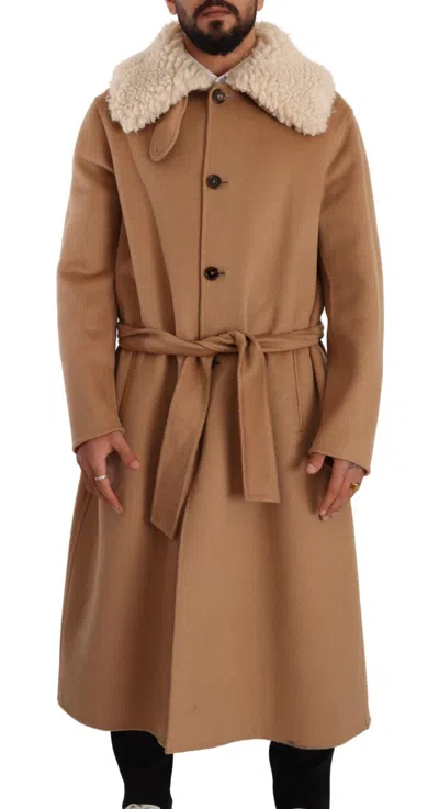 Pre-owned Dolce & Gabbana Beige Camel Skin Cashmere Shearling Overcoat Men's Jacket () In Sand