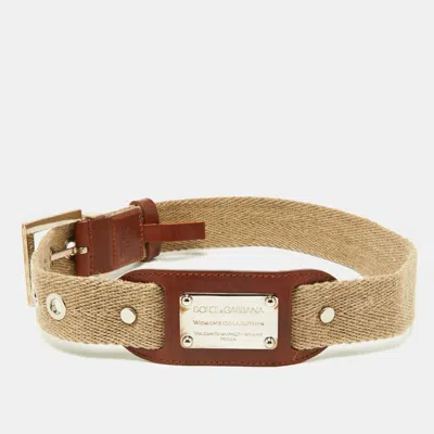 Pre-owned Dolce & Gabbana Beige Canvas And Leather Plaque Detail Waist Belt 65cm