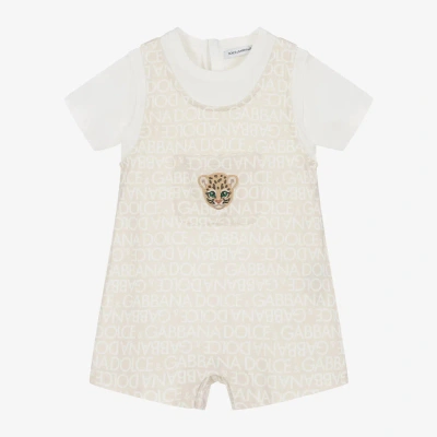 Dolce & Gabbana Babies' Beige Cotton Leopard Patch Shortie In White