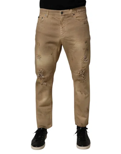 Dolce & Gabbana Beige Cotton Loose Tattered Men Denim Jeans In Brown