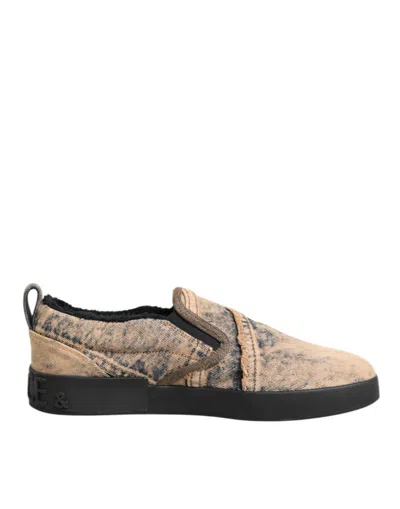 Dolce & Gabbana Beige Cotton Low Top Slip On Sneakers Shoes In Multi