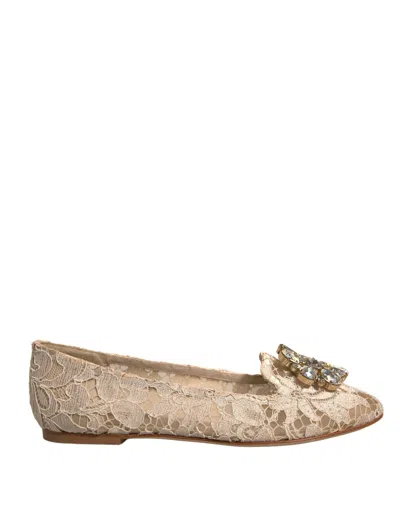 Pre-owned Dolce & Gabbana Beige Crystal Loafer Lace Ballet Flats Women's Shoes ()