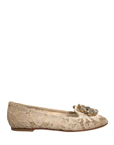 Pre-owned Dolce & Gabbana Beige Crystal Loafer Lace Ballet Flats Women's Shoes ()
