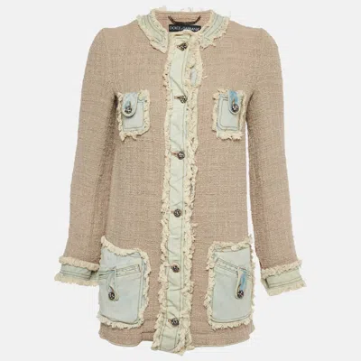 Pre-owned Dolce & Gabbana Beige Denim Trim Tweed Button Up Jacket S In Sand