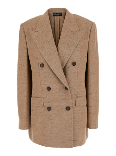 Dolce & Gabbana Beige Double-breasted Jacket With Peak Lapels In Tech Fabric Woman In Brown