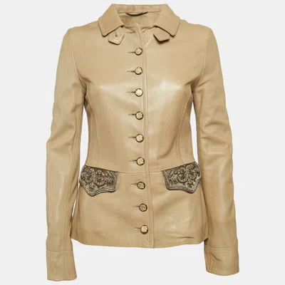 Pre-owned Dolce & Gabbana Beige Embellished Leather Button Detail Jacket M