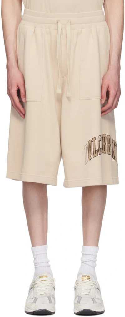 DOLCE & GABBANA BEIGE EMBROIDERED-LOGO SHORTS