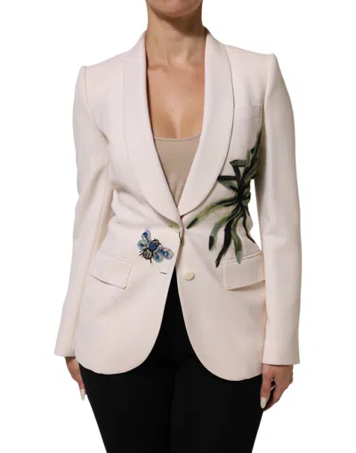 Dolce & Gabbana Beige Embroidered Single Breasted Jacket In Neutral