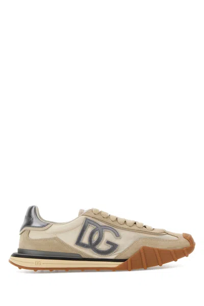 Dolce & Gabbana Beige Fabric And Suede Athletic Sneakers In Brown