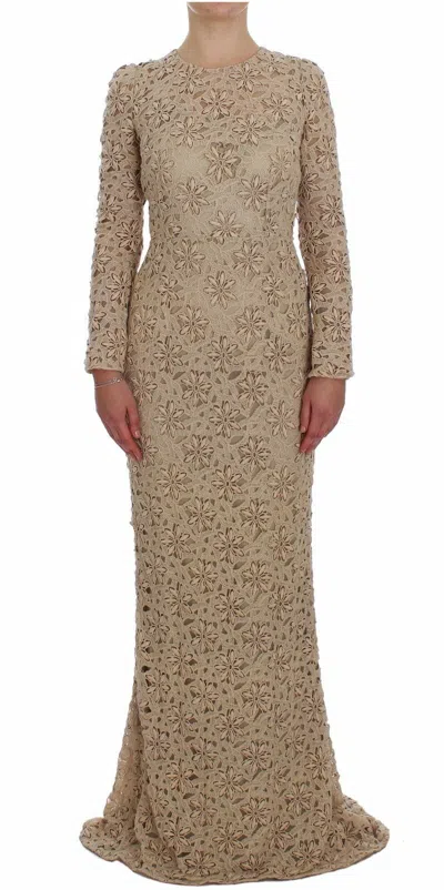 Dolce & Gabbana Beige Floral Lace Sheath Maxi Women's Dress In Sand
