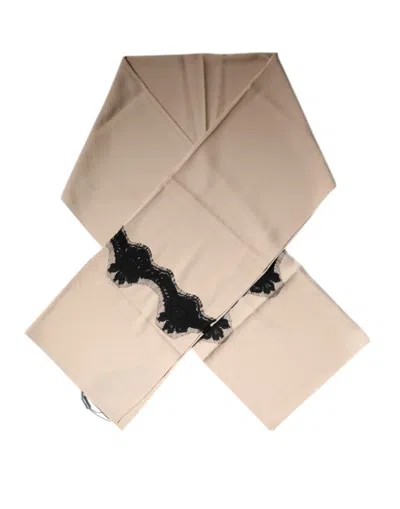 Pre-owned Dolce & Gabbana Beige Floral Lace Trim Silk Neck Wrap Women's Scarf () In Sand