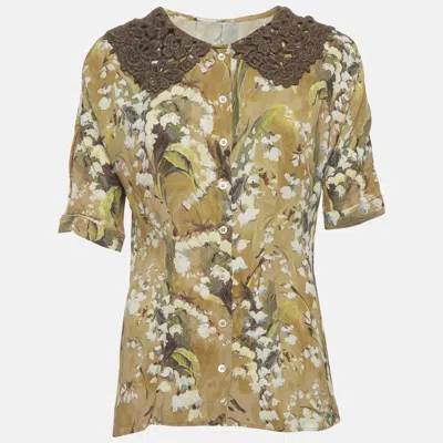 Pre-owned Dolce & Gabbana Beige Floral Print Lace Collar Blouse M In Sand