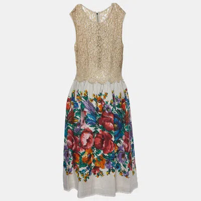 Pre-owned Dolce & Gabbana Beige Floral Print Linen & Lace Sleeveless Dress M