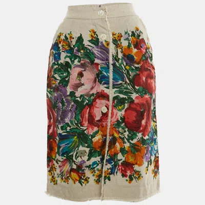 Pre-owned Dolce & Gabbana Beige Floral Print Linen Zip Up Knee Length Skirt S In Sand