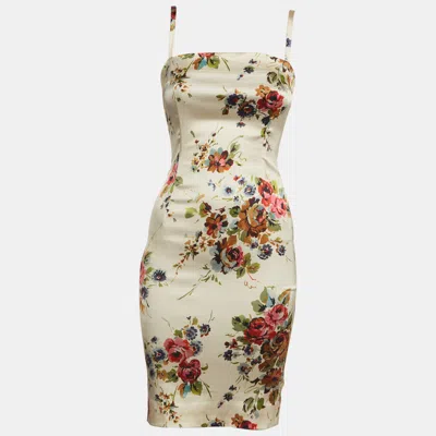 Pre-owned Dolce & Gabbana Beige Floral Print Satin Zip Up Mini Dress Xs In Sand