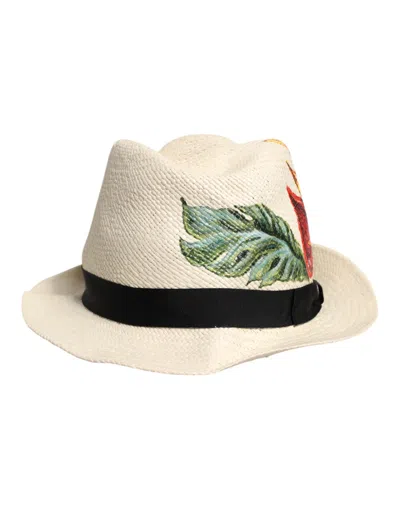 Pre-owned Dolce & Gabbana Beige Floral Print Straw Wide Brim Fedora Men's Hat () In Sand