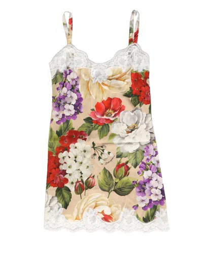 Dolce & Gabbana Beige Floral Silk Tank Short Chemise Women's Sleepwear In Sand