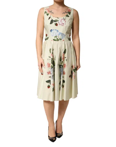 Pre-owned Dolce & Gabbana Beige Floral Sleeveless A-line Midi Women's Dress () In Sand