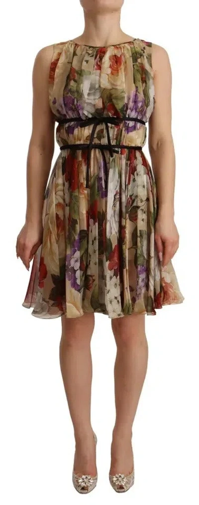 Pre-owned Dolce & Gabbana Beige Floral Sleeveless Round Neck Mini Women's Dress () In Sand