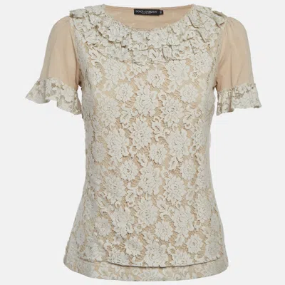 Pre-owned Dolce & Gabbana Beige Jersey And Lace Ruffle Top S In Sand