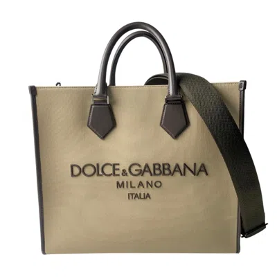 Pre-owned Dolce & Gabbana Beige Khaki Canvas Leather Shoulder Bag Tote Bag ()