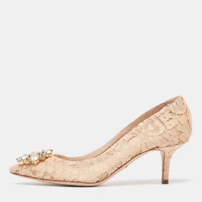 Pre-owned Dolce & Gabbana Beige Lace And Mesh Bellucci Pumps Size 37