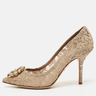 Pre-owned Dolce & Gabbana Beige Lace Bellucci Crystal Embellishment Pumps Size 38