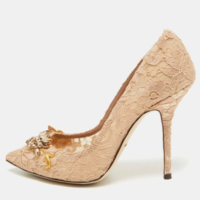 Pre-owned Dolce & Gabbana Beige Lace Crystal Embellished Pointed Toe Pumps Size 38.5