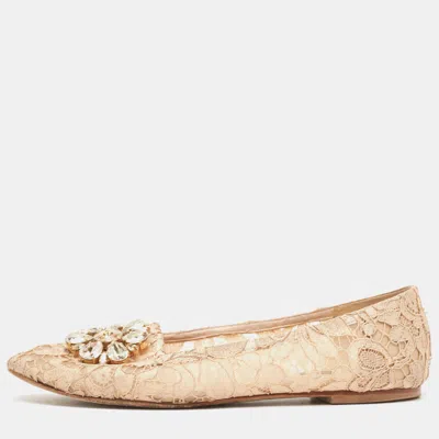 Pre-owned Dolce & Gabbana Beige Lace Crystal Embellished Taormina Smoking Slippers Size 39