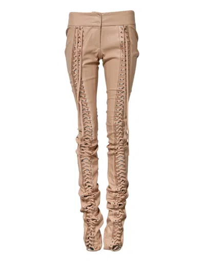 Dolce & Gabbana Beige Lace Details Mid Waist Skinny Pants In Brown