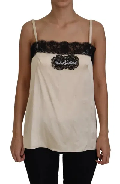 Pre-owned Dolce & Gabbana Beige Lace Spaghetti Logo Embroidery Women's Top ()