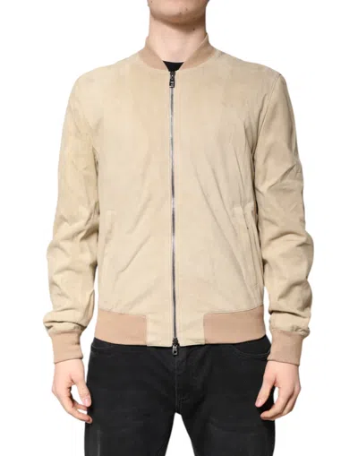 Pre-owned Dolce & Gabbana Beige Lambskin Full Zip Men Bomber Men's Jacket ()