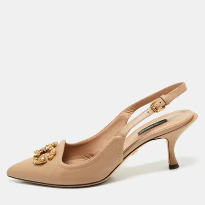 Pre-owned Dolce & Gabbana Beige Leather Dg Amore Logo Embellished Slingback Sandals Size 39.5