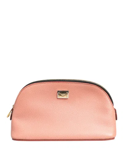 Dolce & Gabbana Beige Leather Dg Logo Zip Around Hand Purse Pouch Wallet In Pink