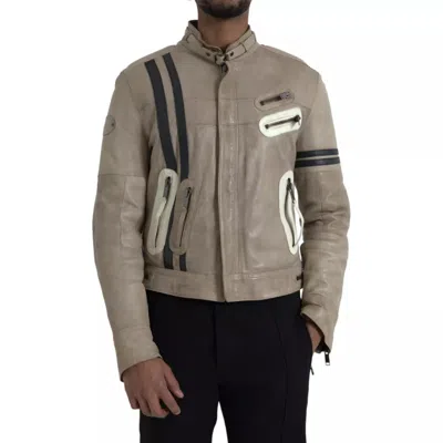 Pre-owned Dolce & Gabbana Beige Leather Full Zip Biker Coat Men's Jacket ()