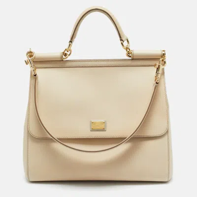 Pre-owned Dolce & Gabbana Beige Leather Large Miss Sicily Top Handle Bag In Sand