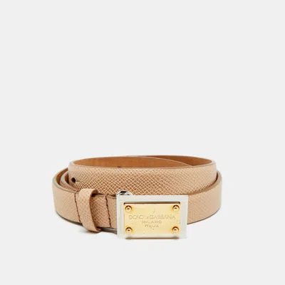 Pre-owned Dolce & Gabbana Beige Leather Logo Plaque Slim Belt 75 Cm In Sand