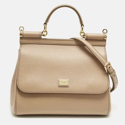 Pre-owned Dolce & Gabbana Beige Leather Medium Miss Sicily Top Handle Bag In Sand
