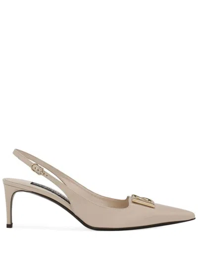 Dolce & Gabbana Beige Leather Slingback Shoe With Logo Plaque