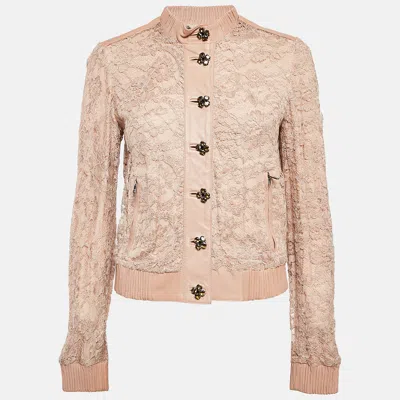Pre-owned Dolce & Gabbana Beige Leather Trim Lace Blouson Jacket S