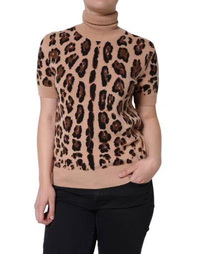 DOLCE & GABBANA BEIGE LEOPARD PRINT WOOL TURTLENECK TOP