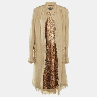 Pre-owned Dolce & Gabbana Beige Linen Frayed Detail Long Coat L In Sand