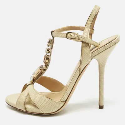 Pre-owned Dolce & Gabbana Beige Lizard Crystal Embellished Ankle Strap Sandals Size 38