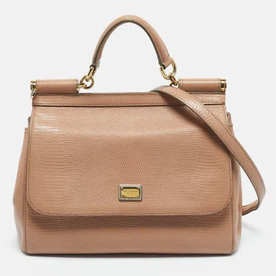 Pre-owned Dolce & Gabbana Beige Lizard Embossed Leather Medium Miss Sicily Top Handle Bag In Sand
