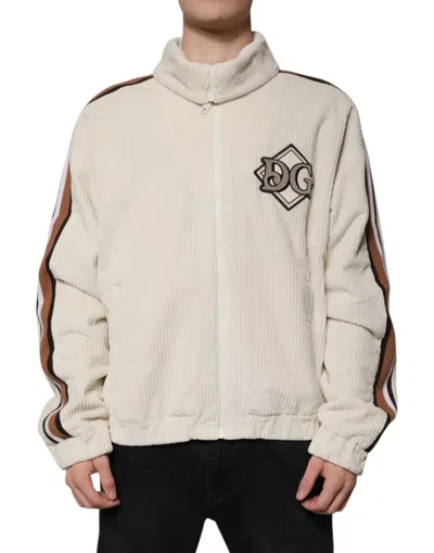 Dolce & Gabbana Beige Logo Applique Cotton Corduroy Full Zip Men's Jacket
