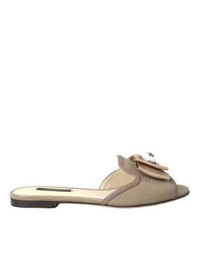 Dolce & Gabbana Logo Pearl Bow Flat Sandals Slides Shoes In Neutral