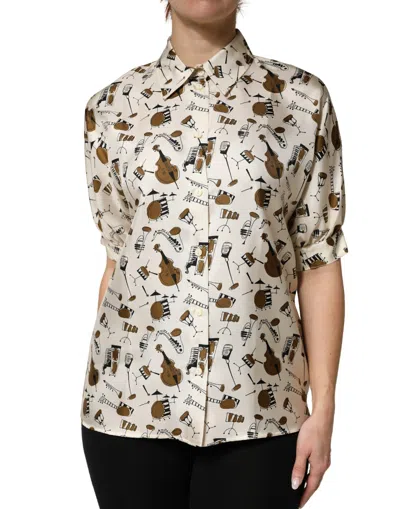 Dolce & Gabbana Beige Musical Instrument Print Short Sleeve Top In Multi