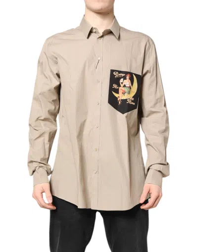 DOLCE & GABBANA DOLCE & GABBANA BEIGE PIN UP PRINT MARTINI MEN CASUAL MEN'S SHIRT