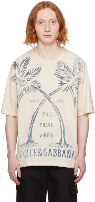 Dolce & Gabbana Beige Printed T-shirt In Senape Chiaro